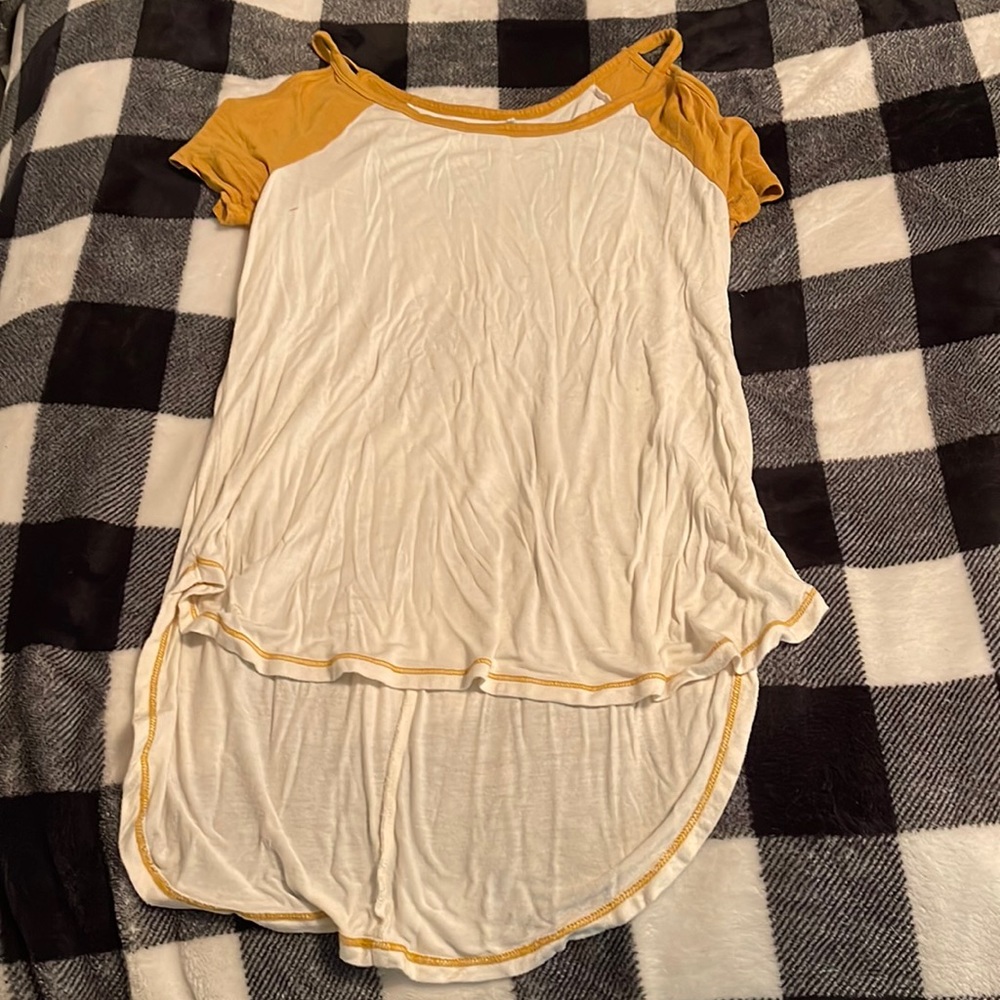 Gold Block Asymmetrical Tunic Tee with Open Shoulders